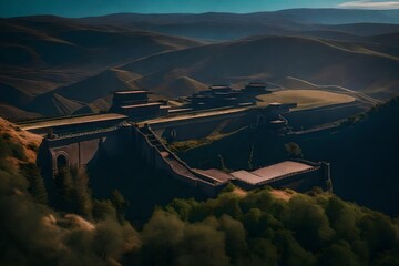 the surreal beauty of a time-bending fortress amidst rolling hills, where medieval and futuristic architecture seamlessly converge.