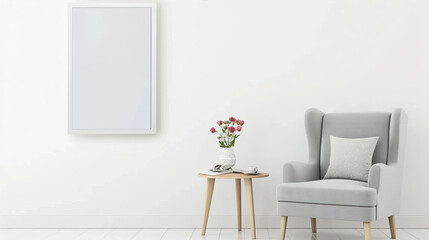 Blank canvas on a white wall in a room with an armchair and a small table
