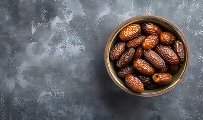 Top view of Dried date fruit in bowl on the old wooden table