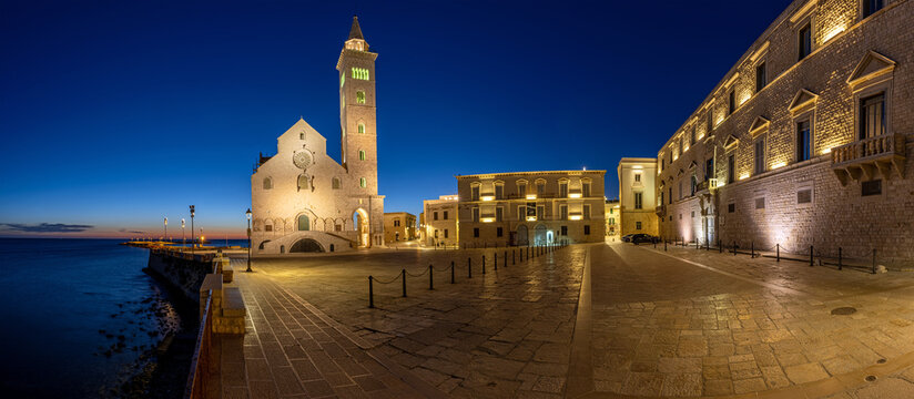Panorama of the Piazza Duomo with the famous cathedral in Trani at night