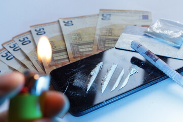 cigarette, drugs and banknotes  , drug addiction - obrazy, fototapety, plakaty