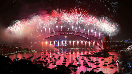 Spectacular fireworks light up the sky above the Sydney Harbour Bridge, casting a shimmering...