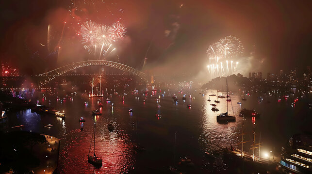 Spectacular Sydney New Year's Eve fireworks light up the sky above the Sydney Harbour Bridge,æ˜ è¡¬ç€æ‚‰å°¼æµ·æ¸¯å¤§æ©‹çš„å£¯éº—æ™¯è‰²ï¼Œå ´é¢ä»¤äººå˜†ç‚ºè§€æ­¢ã€‚