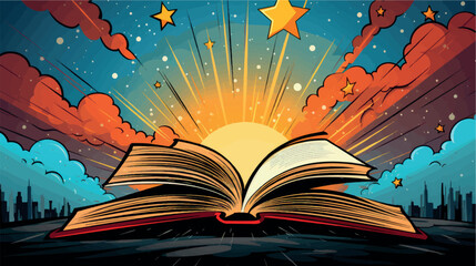 Image of an open book in the rays of the sun against the sky, illustration in pop art style. Book of knowledge, learning, comics, Bible, fairy tales and stories. Training and Education