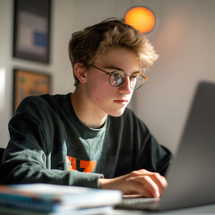 teenager working on laptop