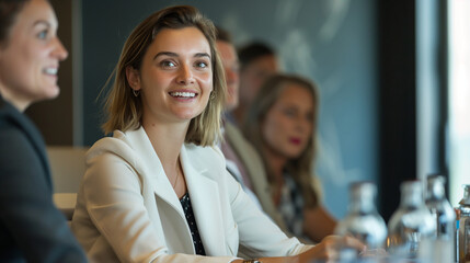 Businesswoman participating in a panel discussion to share insights and expertise. Happiness, improvement, team, knowledge, desire to live