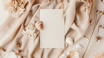 Blank, white sheet of paper on a background of beige fabric and seashells
