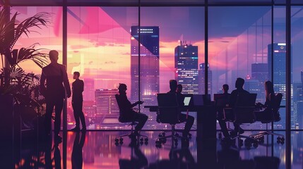A businessman leading a strategic planning session with his team, analyzing market trends and formulating business strategies in a contemporary office setting with panoramic city views.