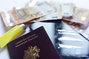 international drug dealer starter pack , cocaïne , banknotes and passport - obrazy, fototapety, plakaty