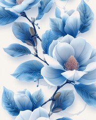 3d wallpaper with elegant blue flowers, magnolia and leaves, vector illustration design with white background
