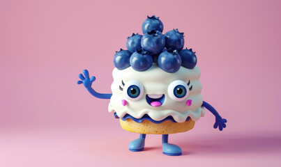 charming three dimensional blueberry cake character waving on pink background for playful food illustration