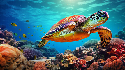 Obraz premium Sea turtle swimming in the ocean among colorful coral reef. Underwater world. Hawaiian Green sea turtle swimming in coral reef. Beautiful Underwater world. Marine life