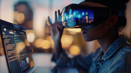 Woman using digital simulation device technology googles headset looking into the world of metaverse virtual reality - obrazy, fototapety, plakaty