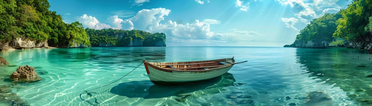 a picturesque seascape It features clear turquoise waters with visible shallow depths, an anchored boat with no sails, lush island greenery, and a vast sky transitioning from light to deep blue hues