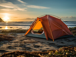 A tent pitched on a remote beach with waves crashing in the background. 