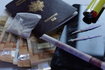 cocaïne , passport and banknotes , international drug traffic concept - obrazy, fototapety, plakaty