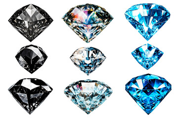 Set of nine sparkling white, black and blue diamonds on a white background isolated.