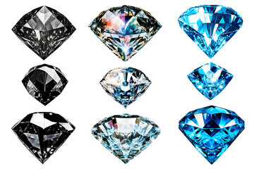 Fototapeta premium Set of nine sparkling white, black and blue diamonds on a white background isolated.