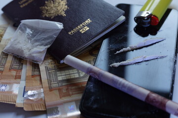 cocaïne , french passport and banknotes , international drug traffic concept - obrazy, fototapety, plakaty