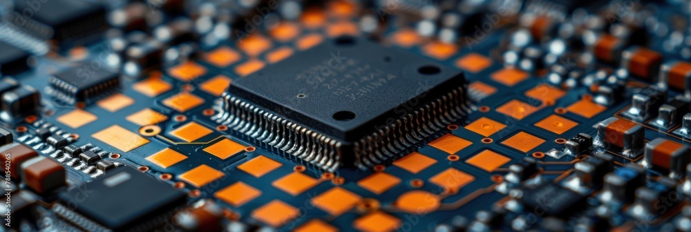 Poster detailed close up of a computer chip showing intricate electronic components