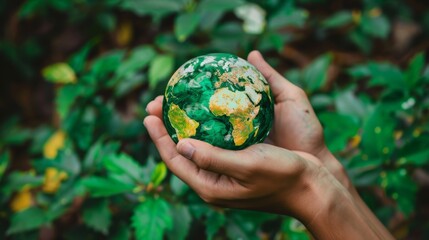 A hand cradles a painted globe, symbolizing environmental stewardship.