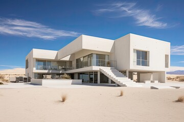 Modern White House in Desert Landscape with Blue Sky