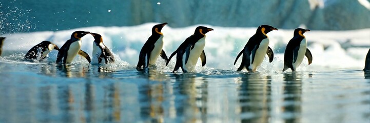 Fototapeta premium penguin in flight jumping from an iceberg 