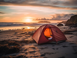 A tent pitched on a remote beach with waves crashing in the background. 