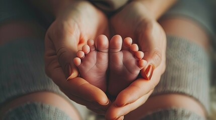 Close up of a mother s loving hands cradling tiny newborn baby feet capturing the essence of healthcare family love and the precious moments of fatherhood - obrazy, fototapety, plakaty