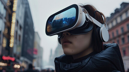 Woman using digital simulation device technology googles headset in streets - obrazy, fototapety, plakaty