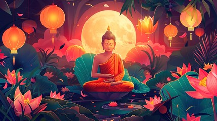 Buddha in lotus pond with lotus flower and lanterns. Vector illustration - obrazy, fototapety, plakaty