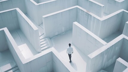 Man walking in a white labyrinth, philosophical concept - obrazy, fototapety, plakaty