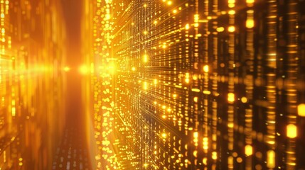 Golden Binary Code Data Grid with Digital Information Displays.