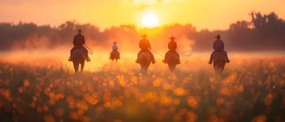 Foto op Plexiglas Dawn Riders: Equestrian Prep in Golden Silence. Concept Equestrian Style, Morning Light, Horse Care, Rider Prep, Golden Hour © Anastasiia