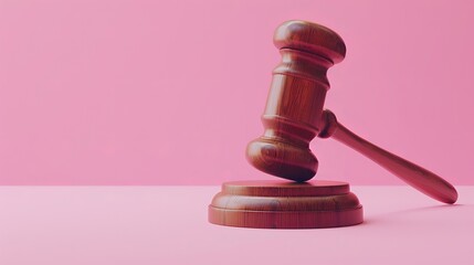 Minimal brown gavel icon on pink background. Judge arbitrate courthouse concept. judgement Hammer. 3D render. illustration