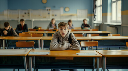 surprised teen sitting at school desk, looking to camera, centre in empty classroom
