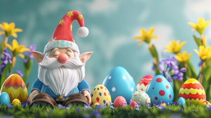 Happy easter card. Gnomes with easter eggs. cute 3d Easter gnome