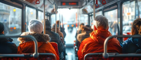 Morning Commute Harmony: Passengers Aboard a Sunlit City Bus. Concept Urban Transportation, Morning Routines, Commuter Lifestyle, Cityscape Views, Public Transit - obrazy, fototapety, plakaty