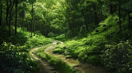 A lush green forest teeming with life, with a winding path leading through it.