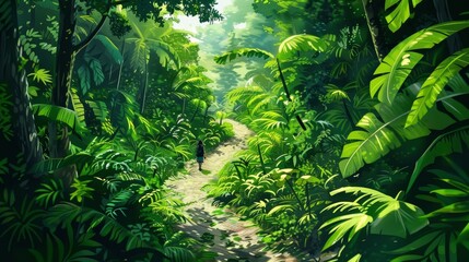 A lush green forest teeming with life, with a winding path leading through it. Hiker walking on the trail