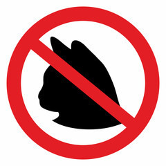 Cat - no entry sign, black silhouette, cats head at red circle frame, vector icon. No entry and walking of cats.