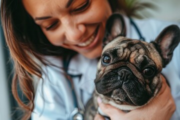 Attractive female doctor holding and petting an adorable French bulldog. The bond between man and dog. Care and health. Healthy pet. Control visit to a modern veterinary clinic. Copy space. Banner