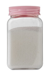 White caster sugar in glass jar with pink cap isolated