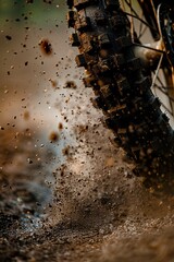 A macro close-up reveals dirt being kicked up by a moving motorcycle tire. Tiny particles disperse into the air, capturing the grainy texture of dirt on a motorcycle tire.