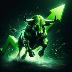 Dynamic green bull with upward arrow symbolizing financial growth in a dark energetic background