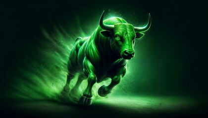 Dynamic green bull charging with energy, symbolizing financial growth and bullish stock market trends.