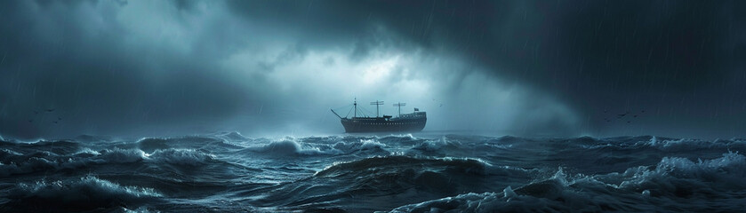 we witness the eerie sight of a ship's shadow stretching across the darkened waters of the ocean, its passengers and sea creatures facing the wrath of an approaching storm.hyper realistic