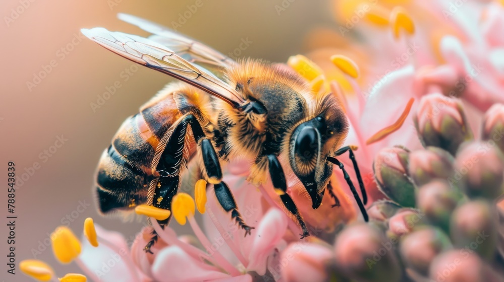 Poster a close-up of a bee pollinating a flower, showcasing the vital role of pollinators in maintaining he