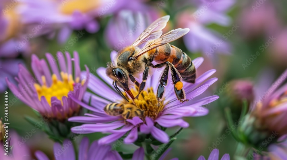 Poster a close-up of a bee pollinating a flower, showcasing the vital role of pollinators in maintaining he