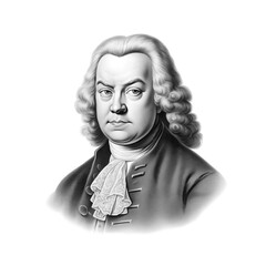 Black and white vintage engraving, close-up headshot portrait of Johann Sebastian Bach, the famous historical German composer and musician of the late Baroque period, white background, greyscale